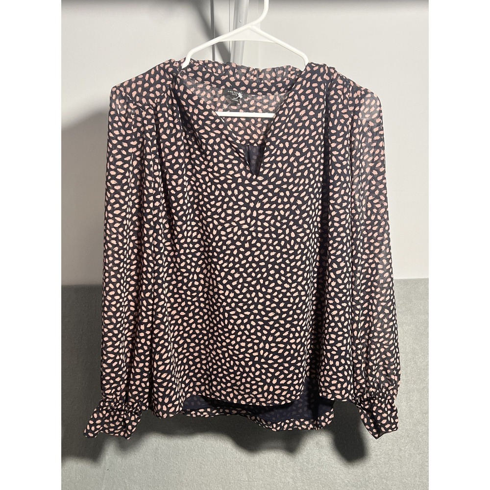 Ann Taylor Petite MP Black‎ Pink Speckle Chiffon Blouse V-Neck Ruffle Sleeve Top